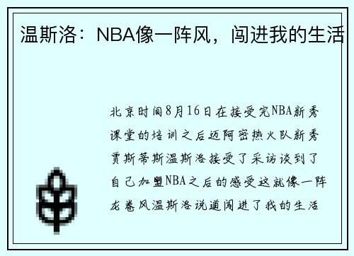 温斯洛：NBA像一阵风，闯进我的生活
